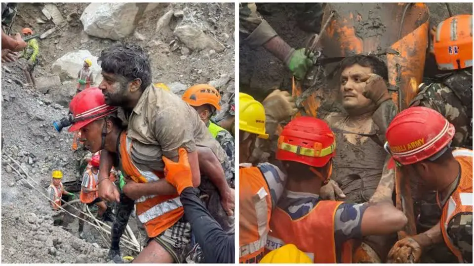 Uno de los trabajadores fue extraído del túnel cubierto de barro y trasladado de inmediato para recibir atención médica / Especial