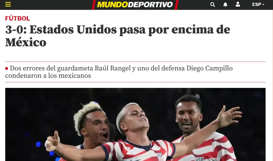Mundo Deportivo destaca la goleada a México ante Estados Unidos | CAPTURA DE PANTALLA