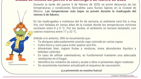 La Ciudad de México registrará cuatro días de bajas temperaturas del 5 al 8 de febrero, informó Protección Civil./ X:@SGIRPC_CDMX