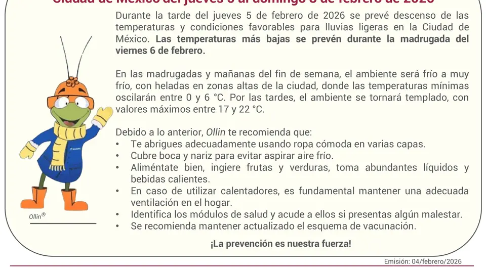 La Ciudad de México registrará cuatro días de bajas temperaturas del 5 al 8 de febrero, informó Protección Civil./ X:@SGIRPC_CDMX