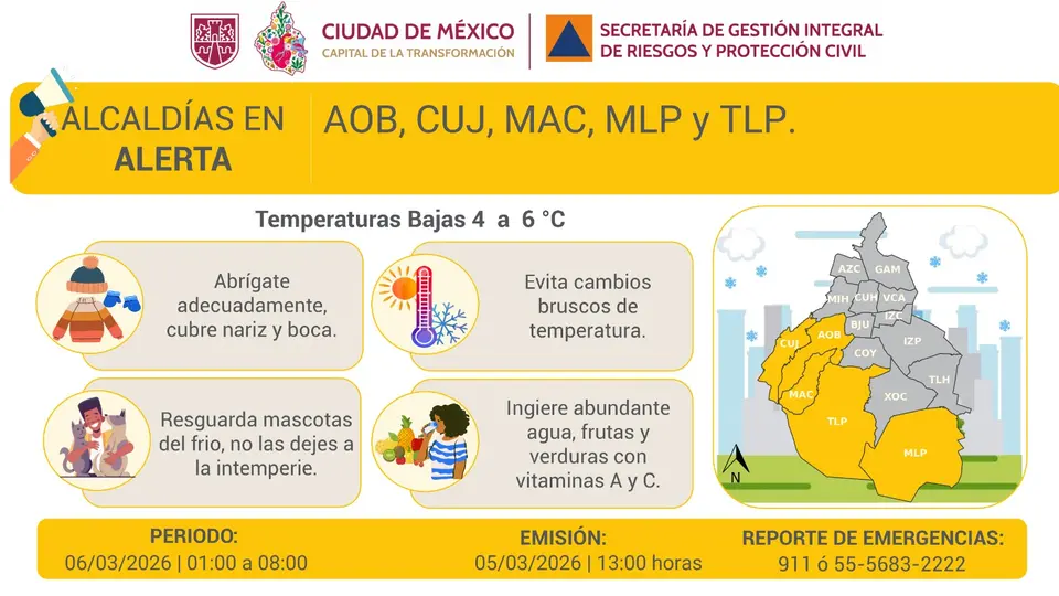 Las alcaldías Milpa Alta, Tlalpan, Xochimilco, Tláhuac y Magdalena Contreras registrarán las temperaturas más bajas./ X: @SGIRPC_CDMX