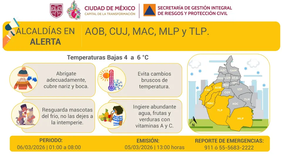 Las alcaldías Milpa Alta, Tlalpan, Xochimilco, Tláhuac y Magdalena Contreras registrarán las temperaturas más bajas./ X: @SGIRPC_CDMX