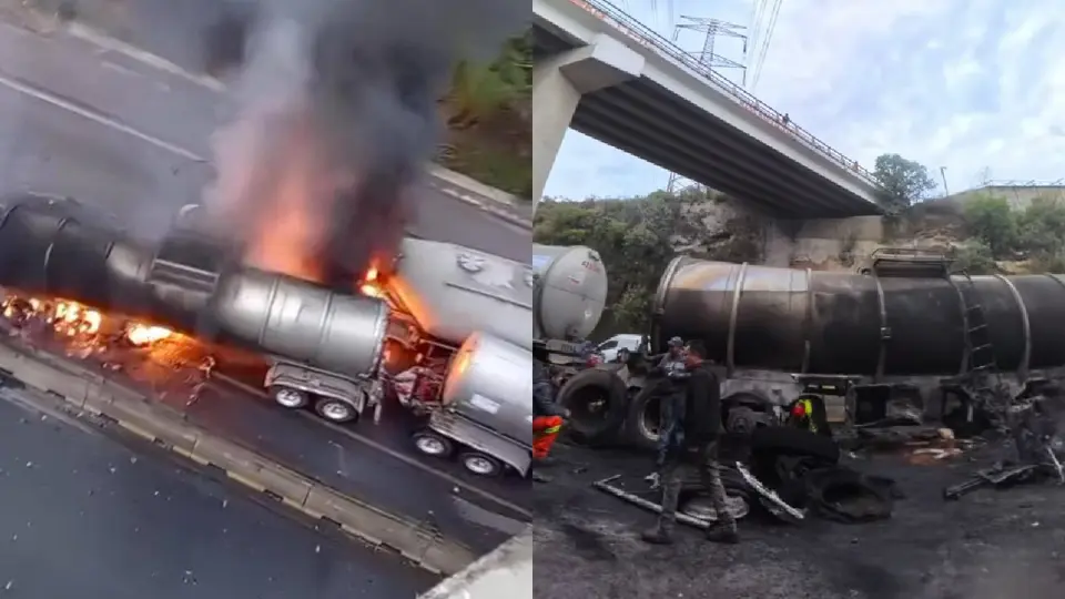VIDEO: Pipa con aceite se incendia tras choque múltiple en el Edomex