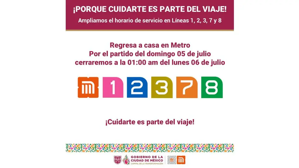 El Metro ampliará su horario hasta la 1:00 de la madrugada en cinco líneas para facilitar el regreso de los aficionados tras el México vs Inglaterra./ X: @AdrianRubalcava
