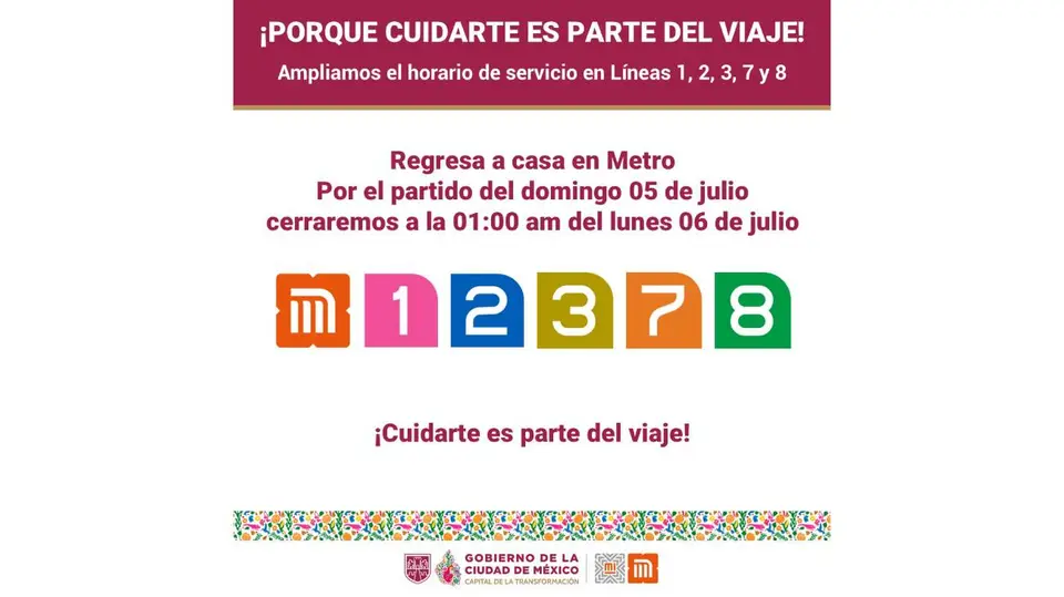 El Metro ampliará su horario hasta la 1:00 de la madrugada en cinco líneas para facilitar el regreso de los aficionados tras el México vs Inglaterra./ X: @AdrianRubalcava