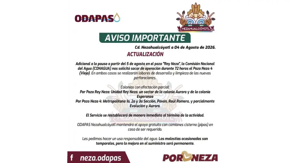 Los trabajos corresponden a la puesta en operación del nuevo pozo "Rey Neza" / Odapas Nezahualcóyotl