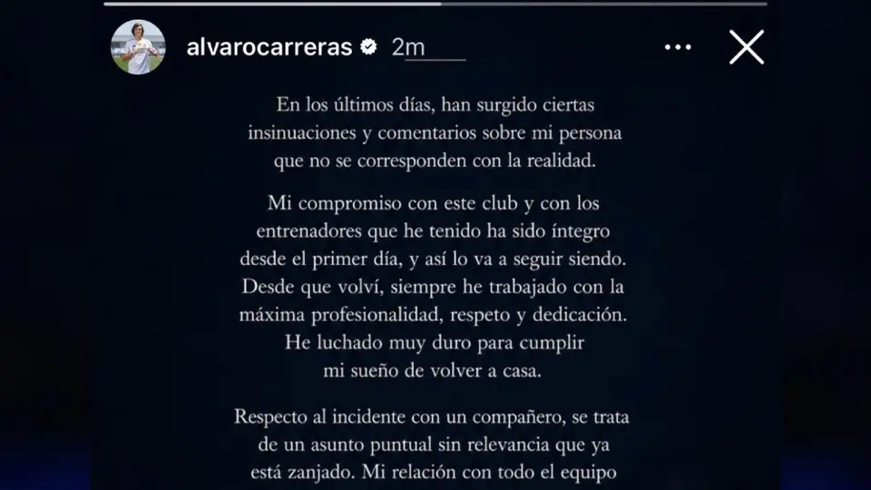 Así fue el comunicado de Álvaro Carreras en redes sociales | CAPTURA DE PANTALLA