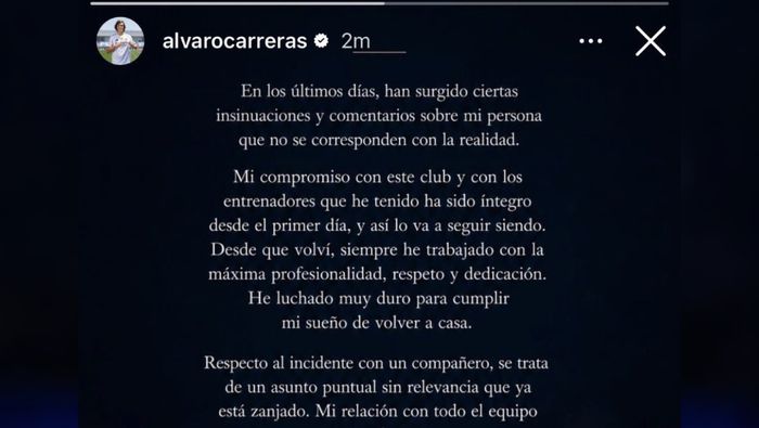 Así fue el comunicado de Álvaro Carreras en redes sociales | CAPTURA DE PANTALLA
