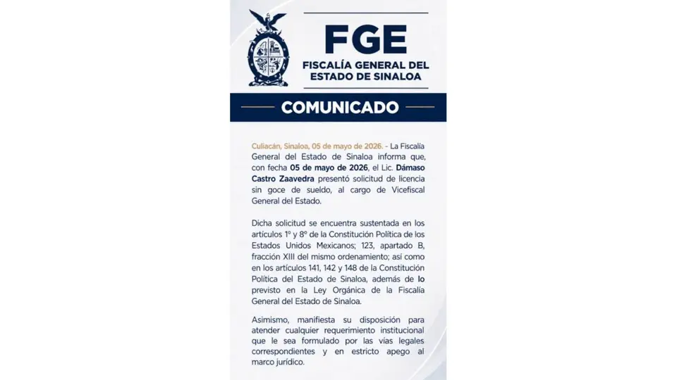 El funcionario fue separado del cargo sin goce de sueldo mientras continúan las investigaciones./ Fiscalía Sinaloa