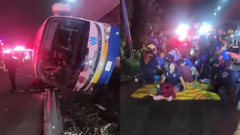 VIDEO: Autobús con estudiantes vuelca en la autopista México-Puebla; hay 40 lesionados