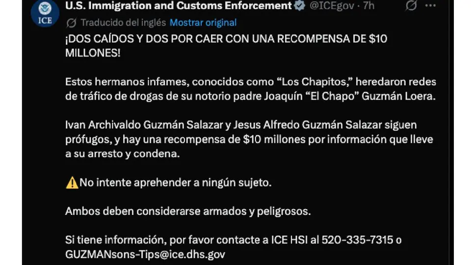 La Oficina de Investigaciones de Seguridad Nacional de Estados Unidos difundió nuevamente la ficha de búsqueda de los hijos de Joaquín "El Chapo" Guzmán./ X: @ICEgov
