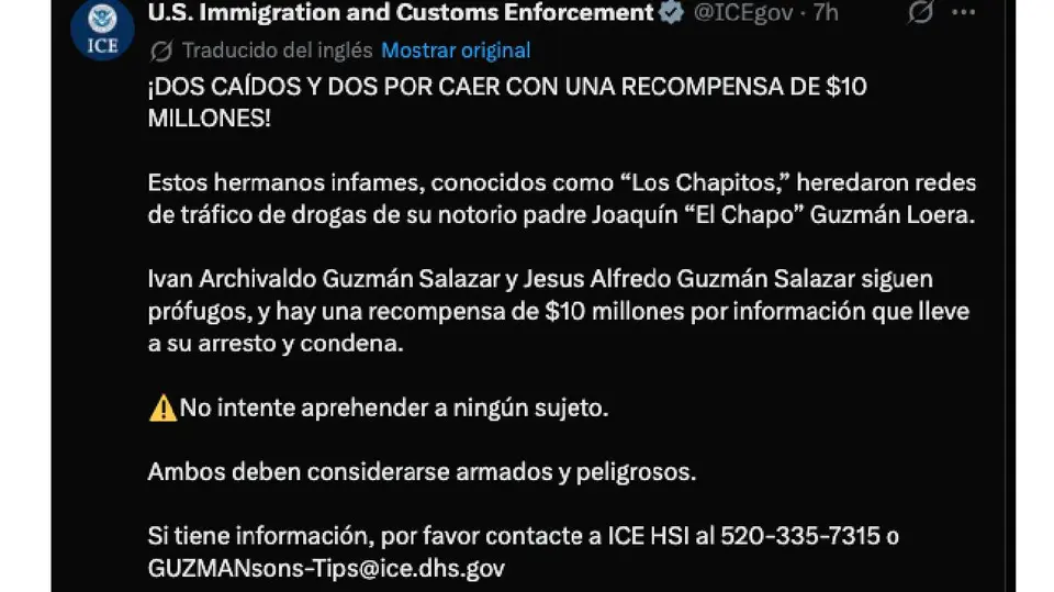 La Oficina de Investigaciones de Seguridad Nacional de Estados Unidos difundió nuevamente la ficha de búsqueda de los hijos de Joaquín "El Chapo" Guzmán./ X: @ICEgov