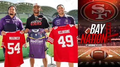 Los 49ers ya están en Melbourne y Fred Warner intercambia jerseys con estrellas deportivas australianas