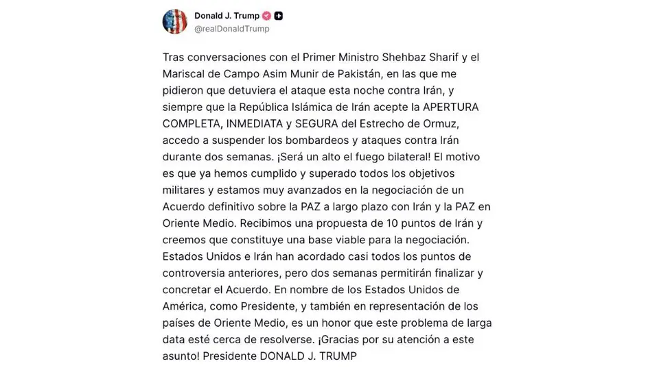 Este es el mensaje integro que Trump publicó para anunciar la cancelación del ataque a Irán/Truth Social