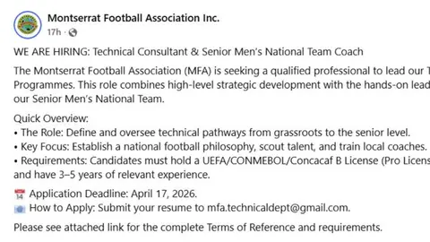 Imagen de la descripción de la vacante l FACEBOOK: Montserrat Football Association Inc.