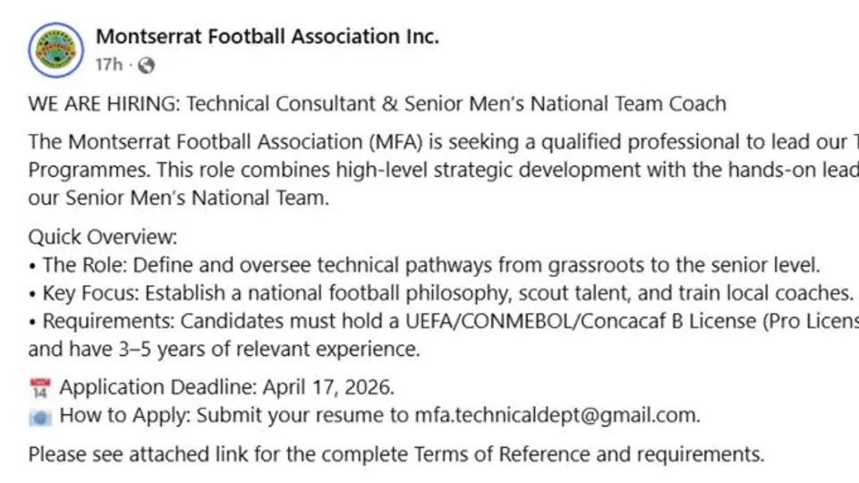 Imagen de la descripción de la vacante l FACEBOOK: Montserrat Football Association Inc.