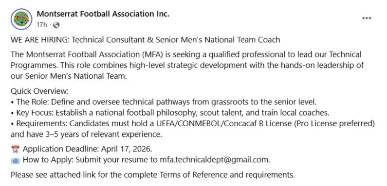Imagen de la descripción de la vacante l FACEBOOK: Montserrat Football Association Inc.