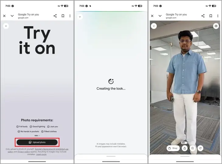 Los usuarios pueden subir una foto de cuerpo completo y visualizar distintos outfits en segundos gracias a Try On. / Google