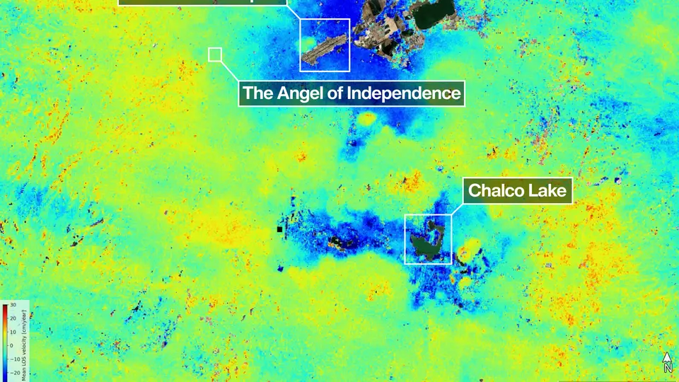 El hundimiento del suelo en la CDMX está relacionado con la extracción excesiva de agua de los acuíferos./ NASA