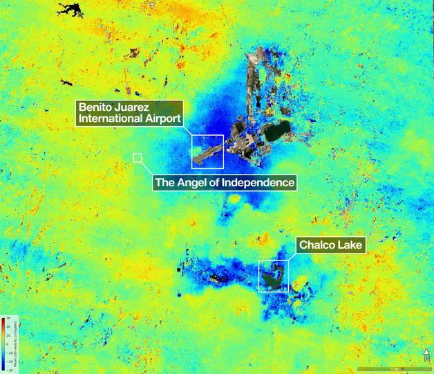 El hundimiento del suelo en la CDMX está relacionado con la extracción excesiva de agua de los acuíferos./ NASA