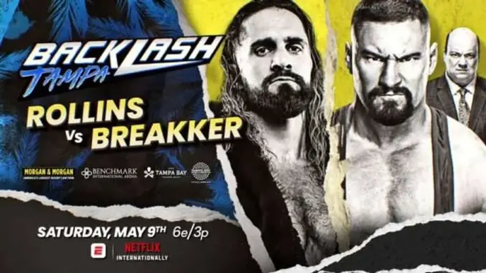 Poster de la lucha de Seth Rollins y Bron Breakker WWE Backlash 2026