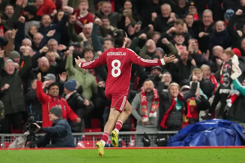 Dominik Szoboszlai festeja su anotación contra Manchester City en Anfield | AP