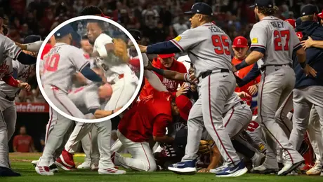 Caos total entre Braves y Angels: Pelotazo en la cara y tacleada del mánager incluida
