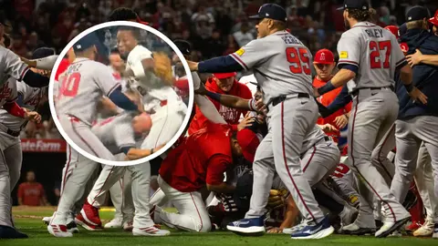 Caos total entre Braves y Angels: Pelotazo en la cara y tacleada del mánager incluida