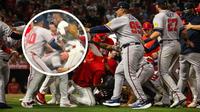 Caos total entre Braves y Angels: Pelotazo en la cara y tacleada del mánager incluida