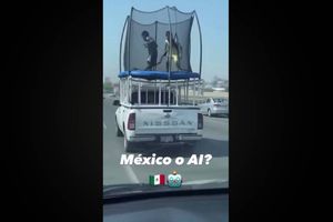 Niños juegan en trampolín en medio de la carretera