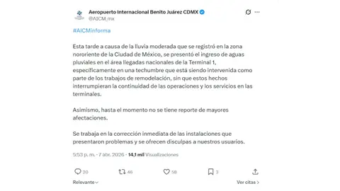 Autoridades del AICM atribuyeron el incidente a la lluvia registrada en el nororiente de la ciudad. / X