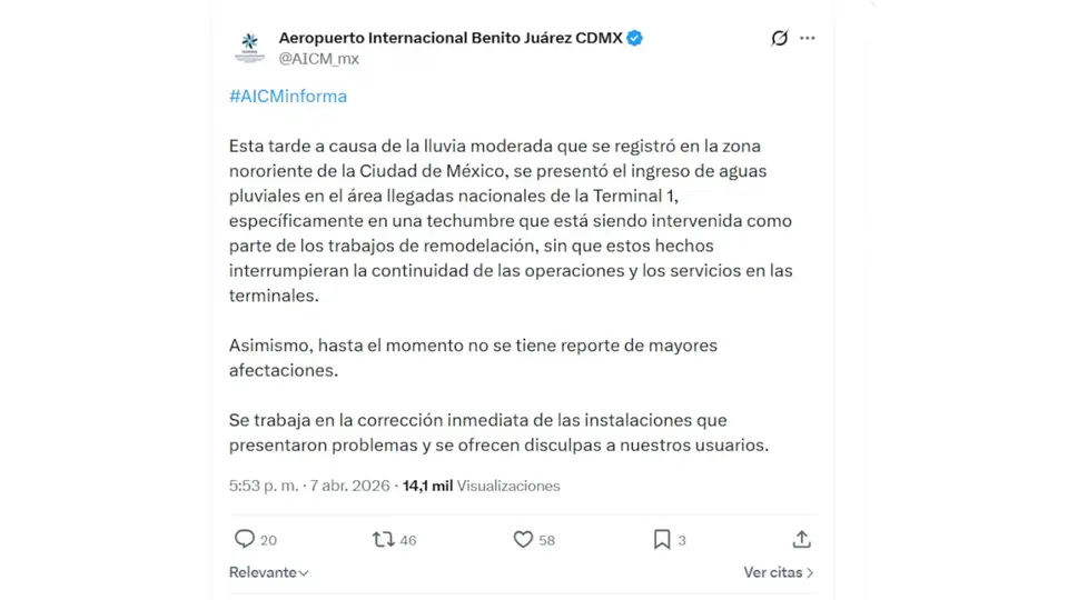 Autoridades del AICM atribuyeron el incidente a la lluvia registrada en el nororiente de la ciudad. / X