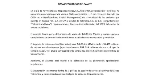 Mediante un comunicado Telefónica informó la venta de su compañía en México/X: @Telefonia_MX