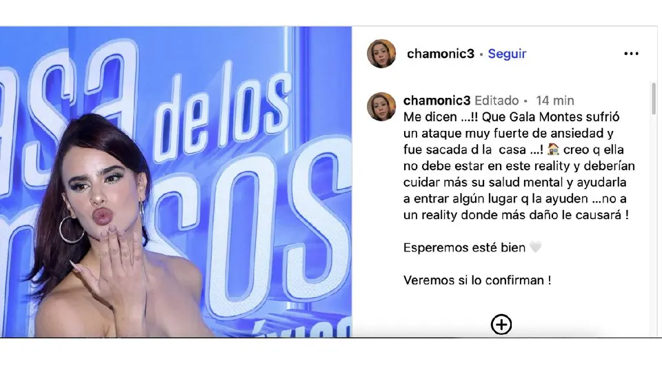 La cuenta Chamonic3 aseguró que Gala Montes habría sufrido un fuerte ataque de ansiedad antes de salir del reality; hasta ahora, esa versión no ha sido confirmada oficialmente./ Captura de pantalla