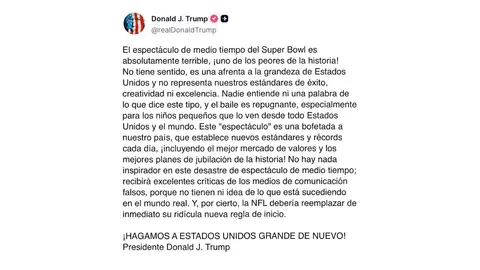 Donald Trump criticó duramente el medio tiempo de Bad Bunny durante el Super Bowl./ Captura de pantalla