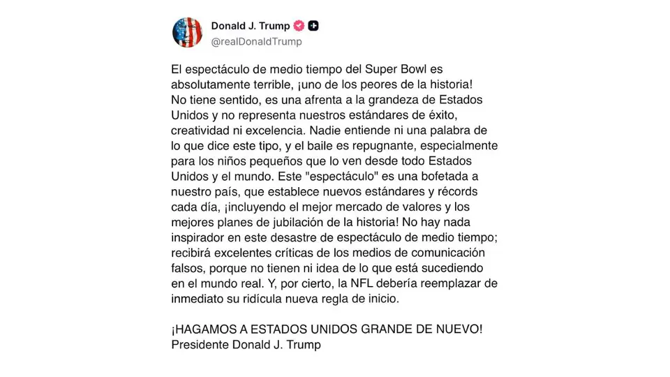 Donald Trump criticó duramente el medio tiempo de Bad Bunny durante el Super Bowl./ Captura de pantalla