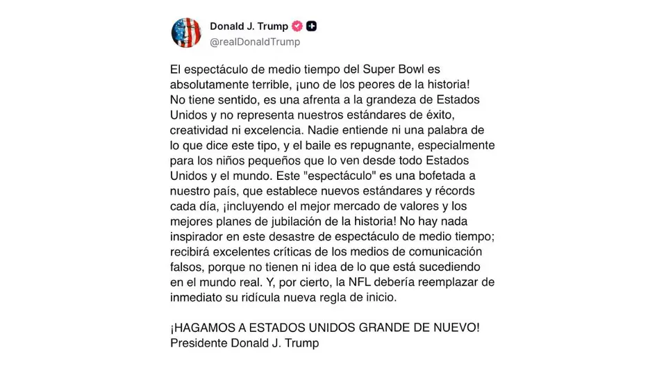 Donald Trump criticó duramente el medio tiempo de Bad Bunny durante el Super Bowl./ Captura de pantalla