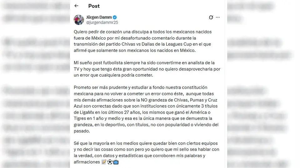 Así fue la disculpa de Jürgen Damm por medio de redes sociales | CAPTURA DE PANTALLA