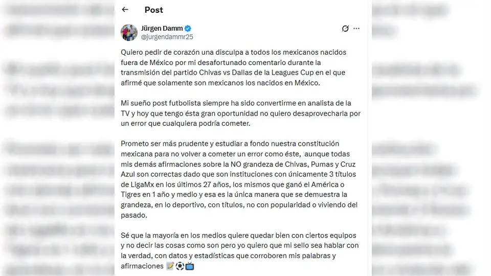 Así fue la disculpa de Jürgen Damm por medio de redes sociales | CAPTURA DE PANTALLA