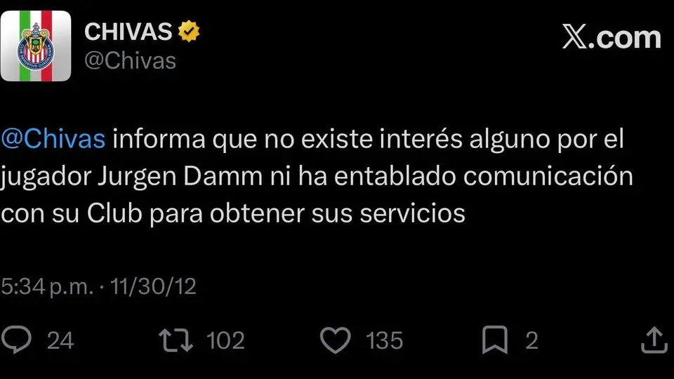 Así fue la publicación de Chivas en la cual negó el interés en Damm en 2012 | CAPTURA DE PANTALLA