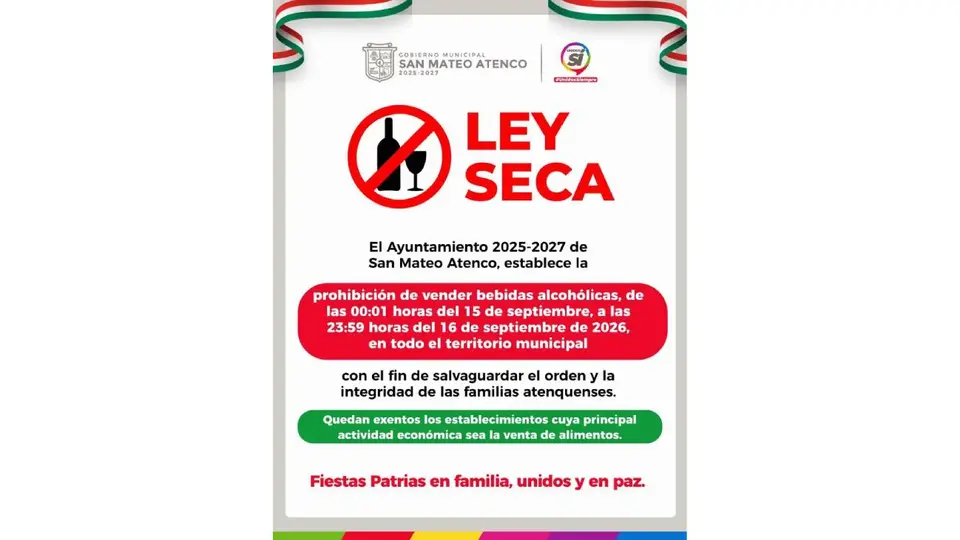 En San Mateo Atenco, la restricción estará vigente desde las 00:01 del 15 de septiembre hasta las 23:59 del 16./ RS