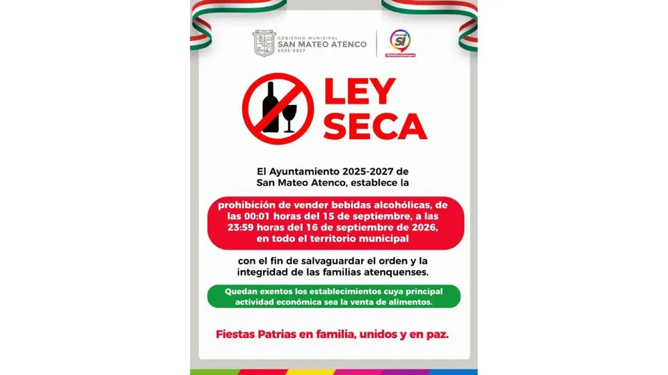 En San Mateo Atenco, la restricción estará vigente desde las 00:01 del 15 de septiembre hasta las 23:59 del 16./ RS