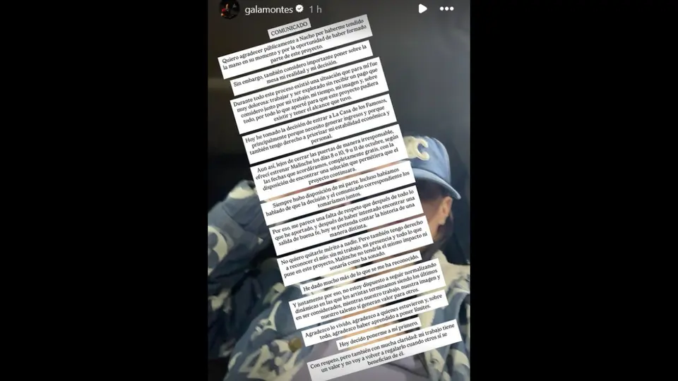 Comunicado de Gala Montes en redes sociales.
