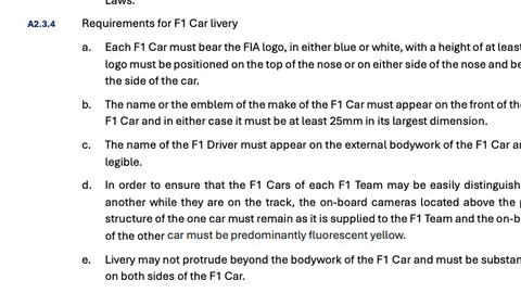 Así está el reglamento de la FIA con respecto a la decoración del auto | CAPTURA DE PANTALLA