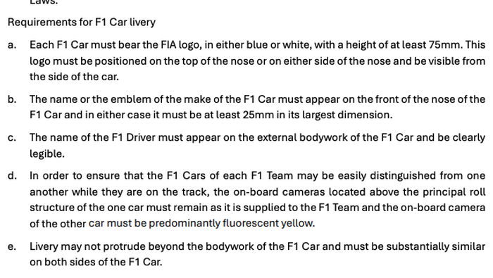 Así está el reglamento de la FIA con respecto a la decoración del auto | CAPTURA DE PANTALLA