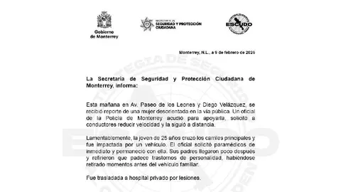 Autoridades locales reportan que la mujer de 25 años se encuentra en estado grave/Gobierno de Monterrey