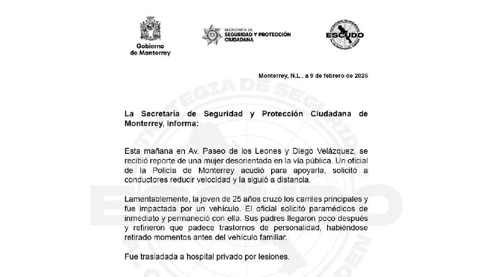 Autoridades locales reportan que la mujer de 25 años se encuentra en estado grave/Gobierno de Monterrey