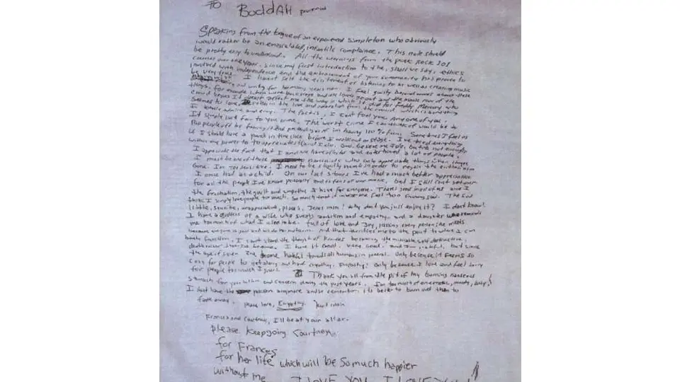 También se cree que una parte de la nota de despedida, no fue escrita por Kurt Cobain/DailyMail
