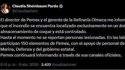 Sheinbaum confirmó que el incendio está controlado y no hay personas lesionadas./ Captura de pantalla