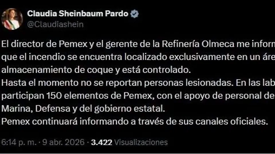 Sheinbaum confirmó que el incendio está controlado y no hay personas lesionadas./ Captura de pantalla